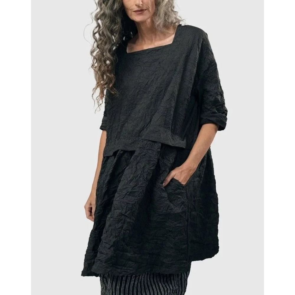 Urban By Alembika Haven Pinstripe Crinkle Dress Charcoal Grey Sz M Lagenlook